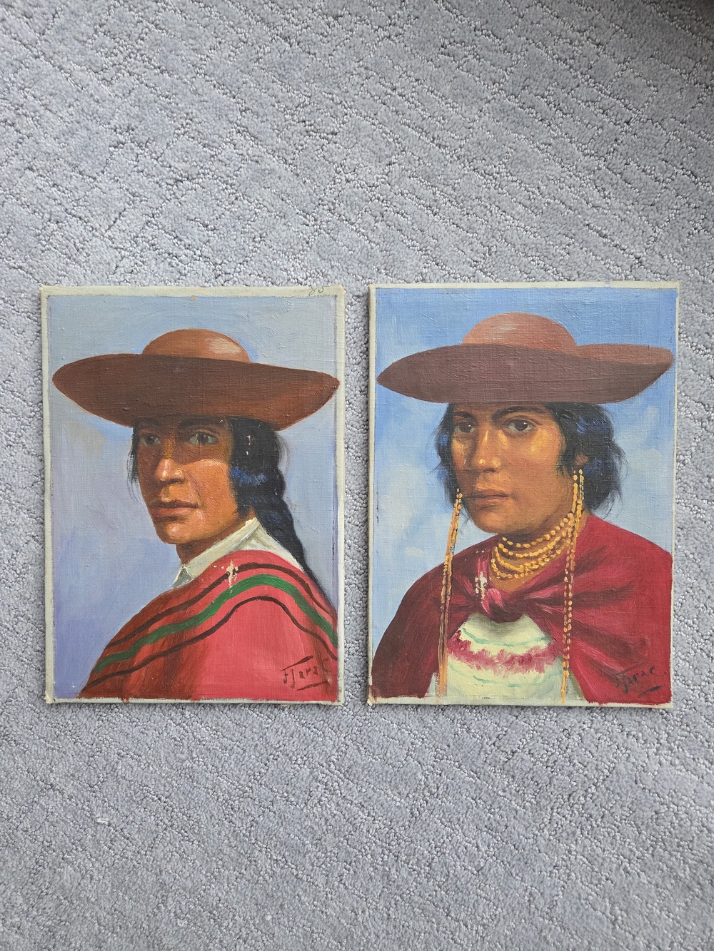 Set of 2 Vintage Oil Paintings | F. Jara Caldas Indigenous Male & Female Pair